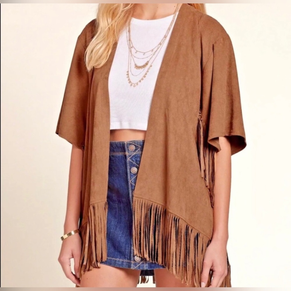 Hollister Fringe Jacket Boho Women L Brown Faux Suede Short Sleeve Festival